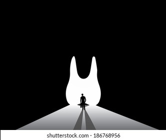 Businessman silhouette standing front of dental tooth teeth door. nicely dressed business man silhouette in suit with suitcase stand thinking at the edge of a bright white dental tooth shaped door