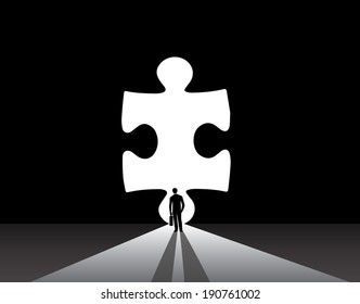 Businessman silhouette standing front of jigsaw puzzle door. Nicely dressed business man silhouette in suit with suitcase stand thinking at the entrance of a bright big jigsaw puzzle door
