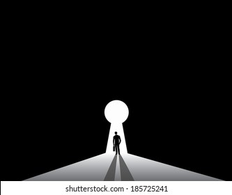 Businessman silhouette standing front of keyhole door concept. nicely dressed business man in suit with suitcase stand thinking, dreaming, planning solution for big problem.