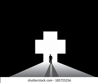 Businessman silhouette standing front of medical plus shape door. nicely dressed business man in suit with suitcase stand thinking, dreaming, planning in front of big medical plus shaped door concept