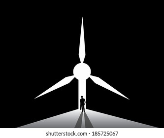 Businessman silhouette standing front of wind mill door. nicely dressed business man in suit with suitcase stand thinking, dreaming, planning at the edge of a bright white wind turbine shaped door