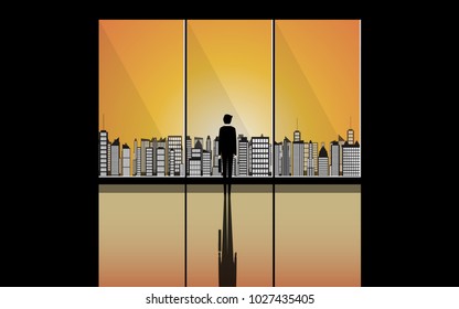 Businessman silhouette standing in front a window in sunset. Man standing and looking at twilight city. Vector editable concept