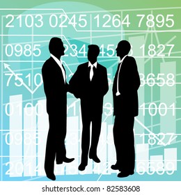 businessman silhouette, standing next to a statistic chart showing financial in the background.