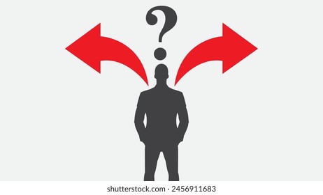 Businessman silhouette taking a decision looking at arrows on the wall concept. Businessman standing in front question mark signs concept.