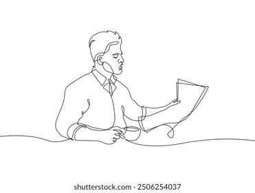 Businessman Silhouette Vector Sketch Illustration. Line Drawing of Man Reading. Working Man Black Silhouette on White Background