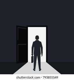 Businessman silhouette walking to opened door. Standing before the opening. Vector illustration flat design. Pictogram male Isolated on background. Business concept. Creative people.