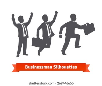 Businessman silhouettes. Happy, celebrating and stepping up. Vector icons.