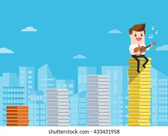 businessman or singing musician playing ukulele sitting on bar graph of coins.