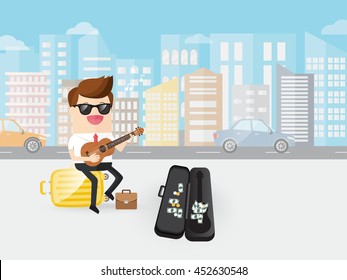 businessman or singing musician playing ukulele with suitcase for money or busking for charity with copy space