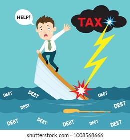 Businessman In Sinking Boat From Debt Tax, Illustration Vector Cartoon