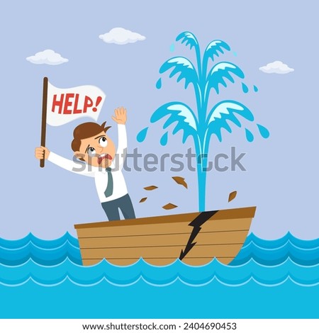 Businessman in a sinking boat with with a message asking for help. illustration vector cartoon.