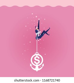 Businessman sinking with a dollar sign into the deep sea