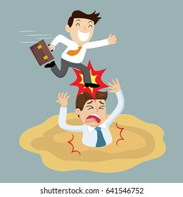 Businessman sinking into quicksand and getting aggravate stamped by foot, vector illustration cartoon