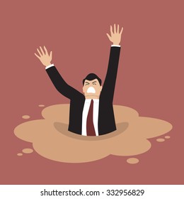 Businessman sinking in a puddle of quicksand. Business concept