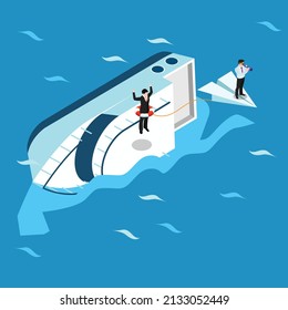 Empresario en un barco que se hunde moldeado por otro empresario en un plano de papel concepto vectorial 3d isométrico para banner, sitio web, ilustración, página de aterrizaje, volante, etc.