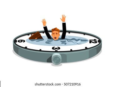 Empresario hundiéndose a tiempo. Exceso de horas extra de trabajo y de negocios. Falta de tiempo libre. Reloj vectorial con lago de agua, empresario desesperado con bolsa ahogándose en el tiempo océano