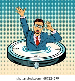 Businessman sinking in time. Business and work overtime excess. Free time lack. Vector clock element with water lake, desperate businessman drowning in time ocean. Pop art retro vector illustration.