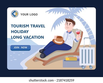 Businessman sipping wine, Tourism travel holiday long vacation on beach , relaxing, cartoon character vector illustration.