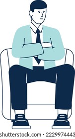 Businessman sit in armchair with crossed arms. Corporate worker icon