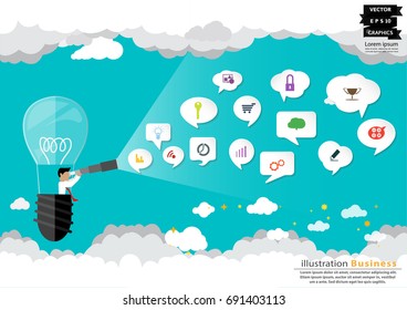 Businessman sit Balloon Lamp - Camera shines  far way -  modern design Idea and Concept  Vector illustration Business  Infographic template with Cloud,icon.
