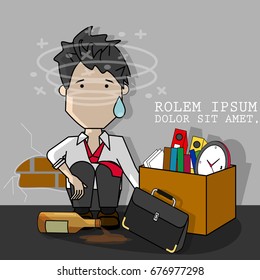 businessman sit down near office tools box hangover and despair from employed. Funny cartoon vector style.