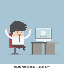 Businessman sit in front of computer with envelope in monitor, You've Got Mail Concept, VECTOR, EPS10