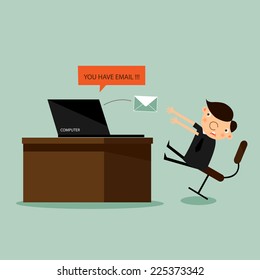 Businessman sit in front of computer with envelope in monitor, You've Got Mail Concept, VECTOR, EPS10 