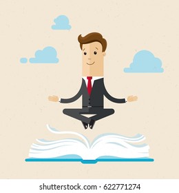 Businessman sit in lotus position above a large book and meditate like a yogi. Self-development, learning, world cognition. Vector, illustration, flat