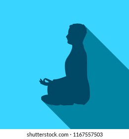 Businessman sit in meditation pose. Cutout silhouette. Web icon with long shadows