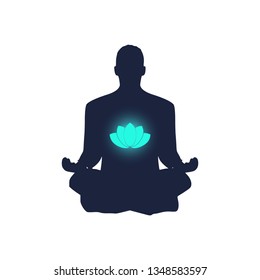 Businessman sit in meditation pose. Relaxation after work concept. Lotus flower glowing symbol