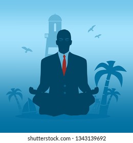 Businessman sit in meditation pose. Seaside view poster. Palm and safeguard tower on the beach. Yacht and lighthouse silhouettes. Relaxation after work concept