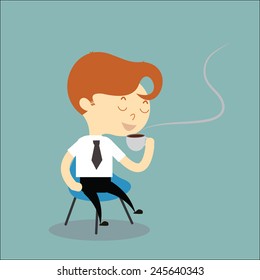 businessman sit on chair and drink coffee with happy feel vector