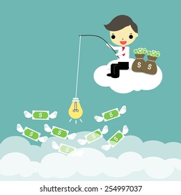 businessman sit on cloud and carry hook that bulb was hanging with a lot of money. 
