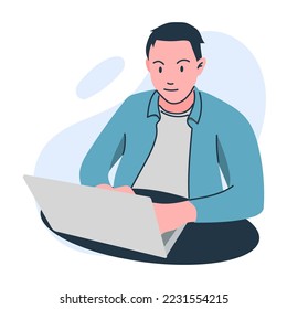Businessman sit on the desk using his laptop, employee at the office, freelancer at home, illustration vector flat style.