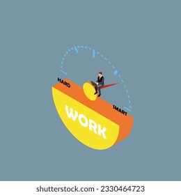 Businessman sit on efficiency meter - work smarter not harder isometric 3d vector illustration concept for banner, website, illustration, landing page, flyer, etc