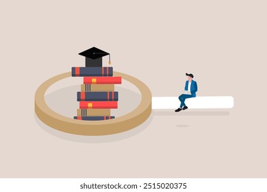 Businessman sit on magnifying glass. concept of Growth education training, learning and self development, ambitions. Knowledge and information