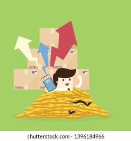 Businessman sit on money gold coin hold smartphone and goods box graph for shopping online, vector illustration