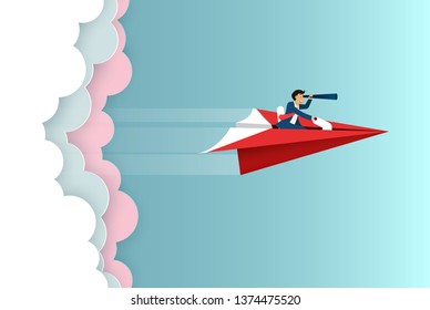 businessman sit on paper plane hold binoculars forward fly on sky go to success goal. business finance concept. creative idea. startup. illustration cartoon vector