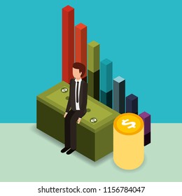 businessman sit on pile banknote coins and chart money isometric