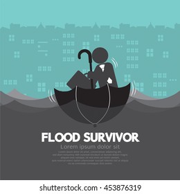 Businessman Sit In The Up Side Down Open Umbrella Flood Survivor Vector Illustration