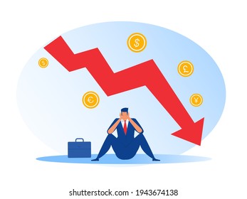 businessman sit stress down arrow chart graph and bankrupt finance fall vector illustrator