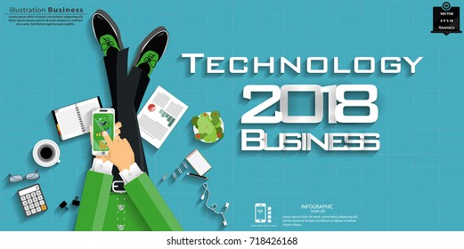  Businessman sit work and  Cellphone - Text Technology 2018  Business  -  modern Idea and Concept Vector illustration Business Infographic template with Work Accessories,icon. 