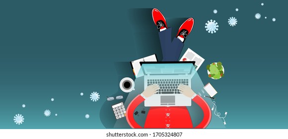  Businessman sit work with laptop work from home to protect from COVID-19 virus outbreak spreading concept.  Technology Contact  Communication  Online.
