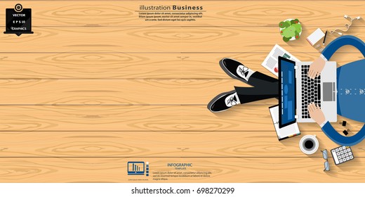  Businessman sit work and  Laptop - Technology Contact  Communication  Online  -  modern Idea and Concept Vector illustration Business Infographic template with Work Accessories,icon. 