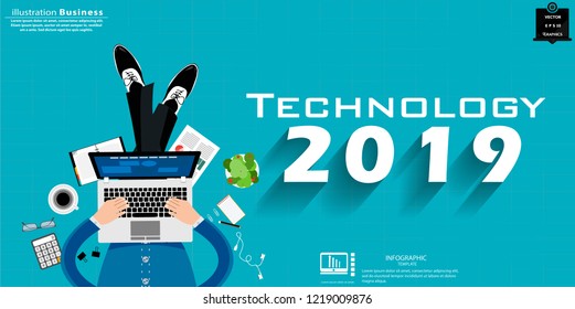  Businessman sit work and  Laptop - Text Technology 2019  -  modern Idea and Concept Vector illustration Business Infographic template with Work Accessories,icon. 