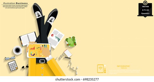  Businessman sit work and  Tablet - Technology Contact  Communication  Online  -  modern Idea and Concept Vector illustration Business Infographic template with Work Accessories,icon. 