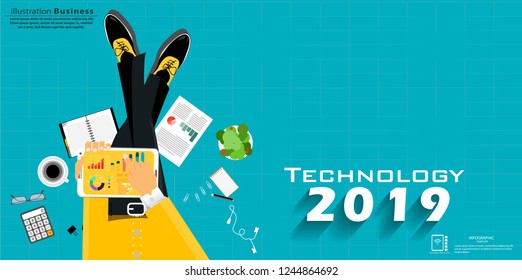Businessman sit work and Tablet    - Text Technology 2019  -  modern Idea and Concept Vector illustration Business Infographic template with Work Accessories,icon. 
