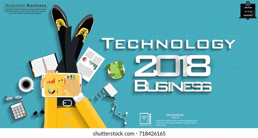 Businessman sit work and  Tablet - Text Technology 2018  Business  -  modern Idea and Concept Vector illustration Business Infographic template with Work Accessories,icon. 