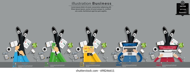  Businessman sit work and  Watch, Computer, Cellphone, Tablet, Laptop, - Technology Contact  Communication  Online  -   Vector illustration Business Infographic template with Work Accessories,icon. 
