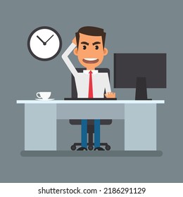 Businessman sits at computer desk and dissatisfied grabs head. Flat people. Vector Illustration